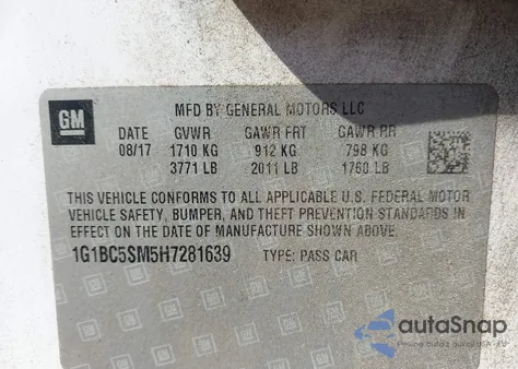 2017 Chevrolet Cruze Ls Auto z USA, uszkodzony, nr VIN 1G1BC5SM5H7281639